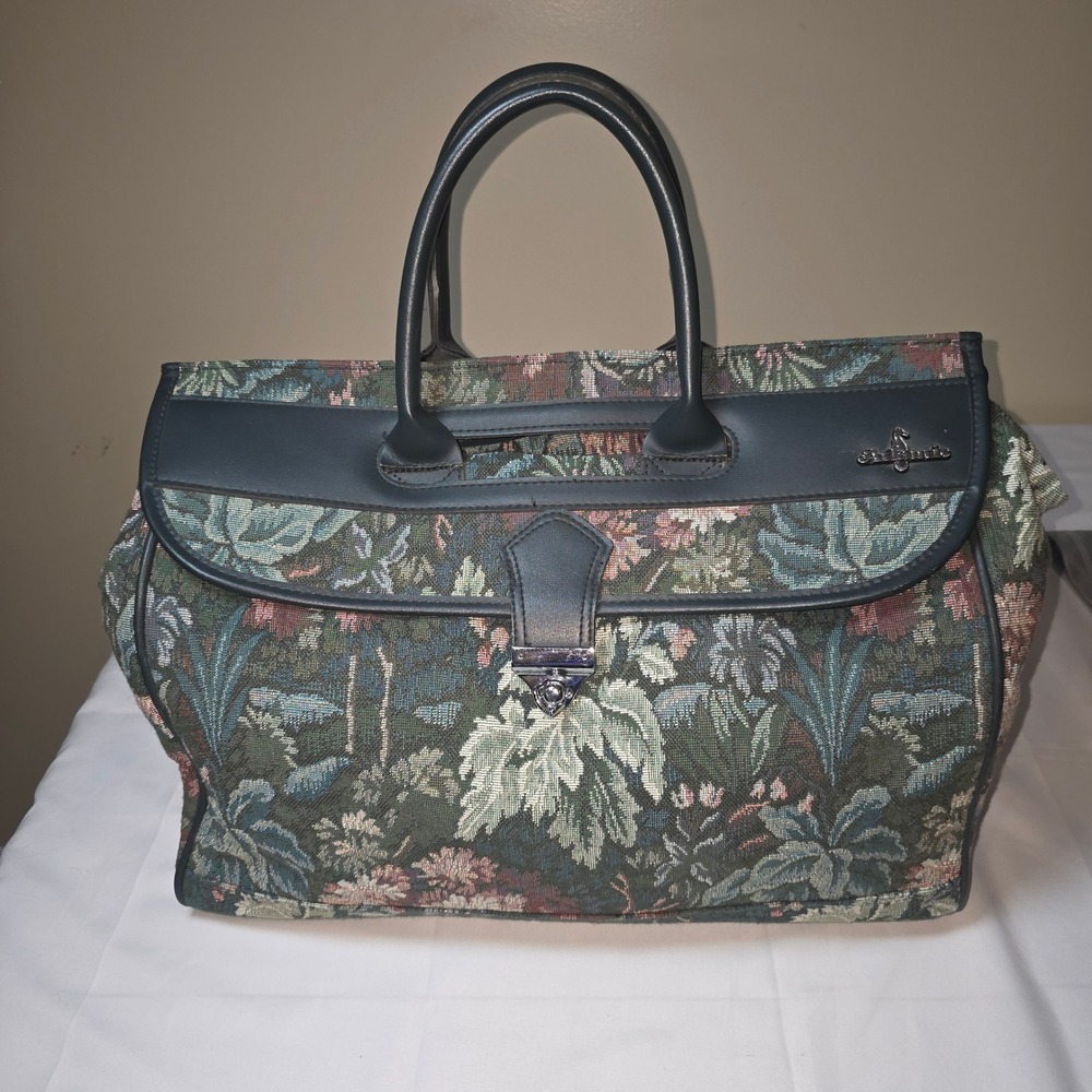 Atlantic Vintage Floral Tapestry Weekender‎ Bag Black Faux Leather Trim 18x12x8